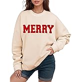 Gihuo Christmas Sweatshirts for Women Glitter Patch Merry Letter Shirts Chenille Oversized Pullover Tops