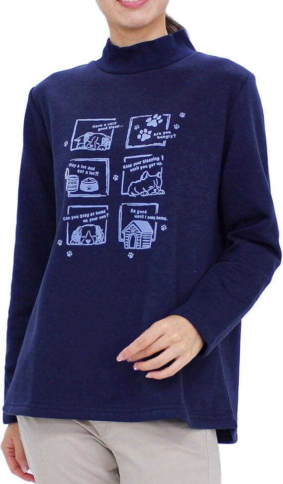 Amazon Gugu World グーグーワールド 裏起毛フロッキープリントロングハイネックtシャツ レディース 犬 丈長め Aライン Tシャツ カットソー 通販
