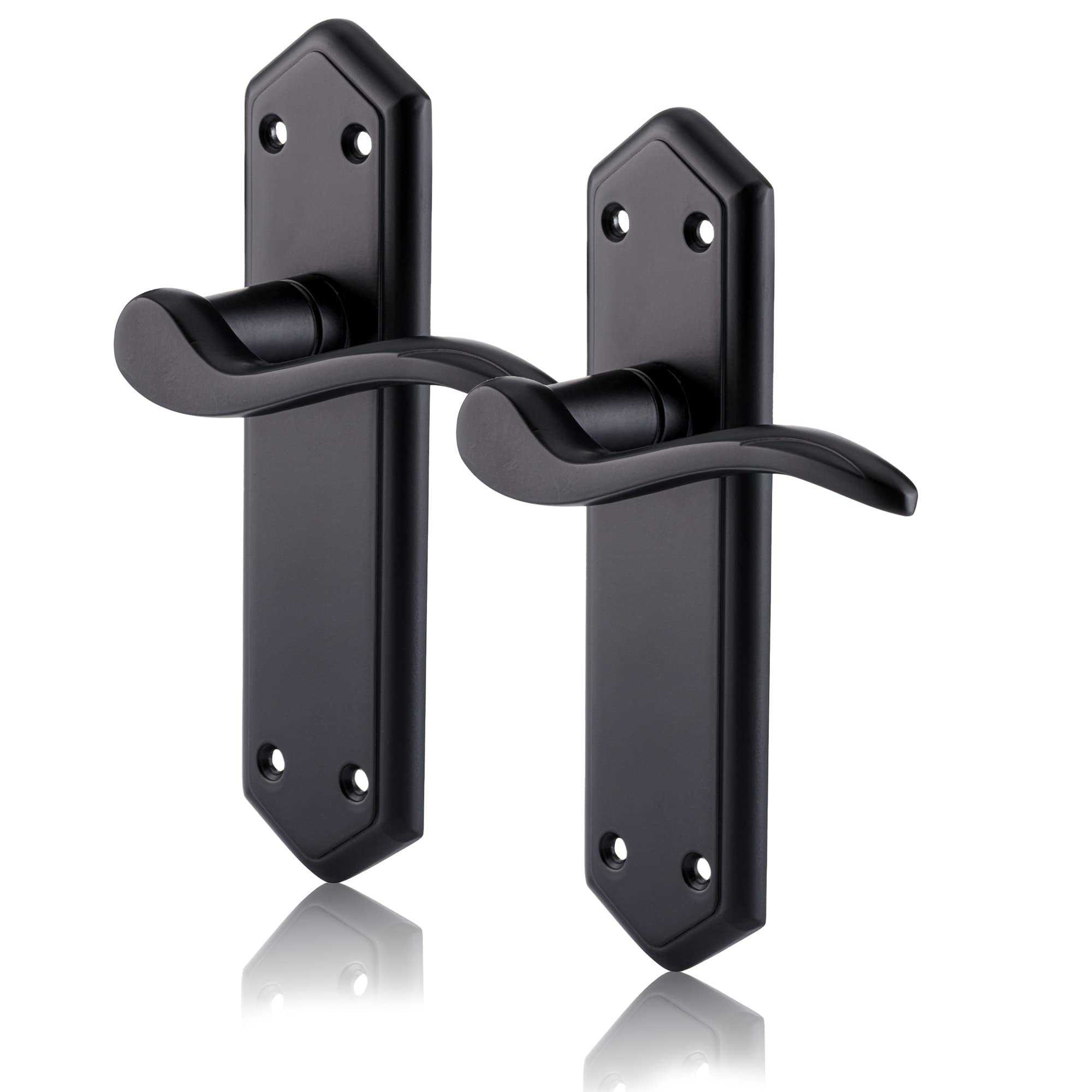 XFORT Black Beauty Range Matt Black London Suite Lever Latch Handles, Shaped Long Backplate Door Handles, Contemporary Door Handle Set for Internal Wooden Doors (1 Pair)