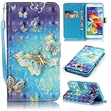 S5 Case, Samsung Galaxy S5 Case, Lwaisy [Wrist Strap] [Stand Function] Premium PU Leather Wallet Phone Case Flip Cover Built-in Card Slots for Samsung Galaxy S5 (Gold Butterfly)