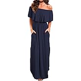 VERABENDI Women's Off Shoulder Summer Casual Long Ruffle Beach Maxi Dress with Pockets