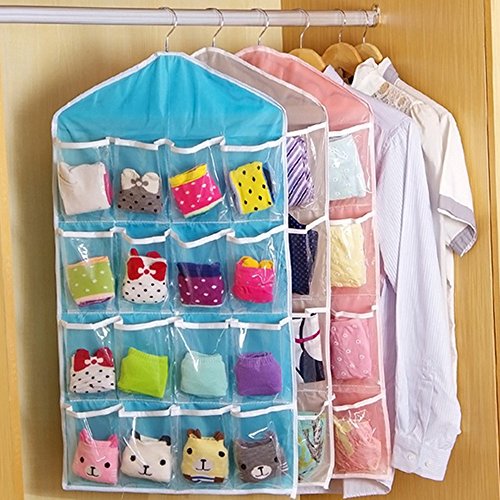 Closet Oranizer, [Blue] 16 Clear Pockets Over the Door Storage Closet Hanging Bag - Perfect for Shoes, Underwear, Socks, Bras and More! - Thumbnail 3