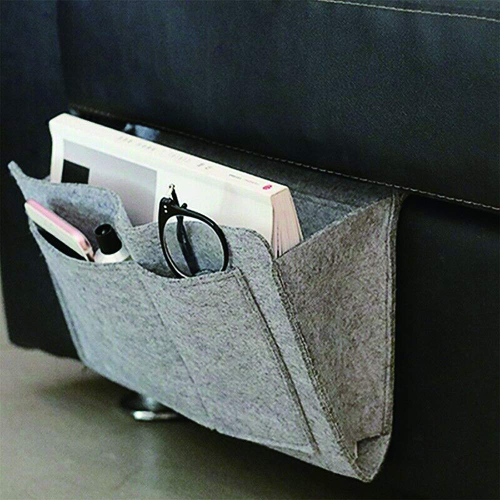 RIJAHO Bedside Felt Storage Bag, RIJAO Bedside Storage Pocket with Pockets Felt Bed Head Hanging Storage Bag for Phone Tablets Remotes Glasses Pen and More (LIGHT GREY)