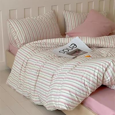 Bettwäsche 135x200 Rosa Weiß Gestreift Bettbezug Kissenbezug 80x80