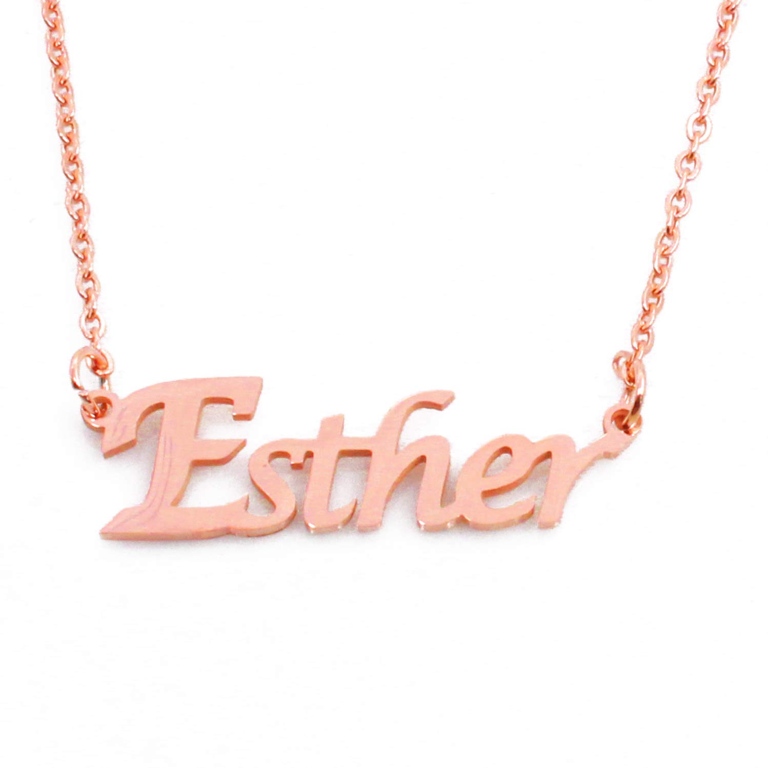 Kigu Esther Name Necklace Personalised 18ct Rose Gold Plated, Custom Dainty Name Pendants, Jewellery for Ladies, Girlfriend, Mother, Sister, Friends Inc Bag & Box