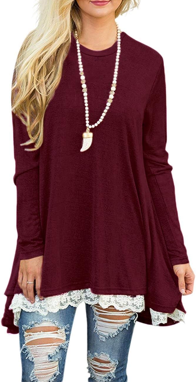 Women's Tops Long Sleeve Lace Scoop Neck A-line Tunic Blouse