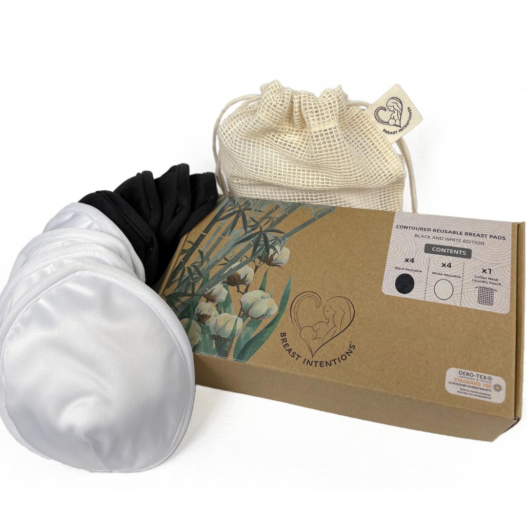 Breast Intentions ® Reusable Breast Pads, Washable Nursing Pads, Organic Bamboo Cotton, Contoured and Discreet, 8 Washable Breast Pads, 4 Layer System, Highly Absorbent, (One Size) + 1 Laundry Pouch