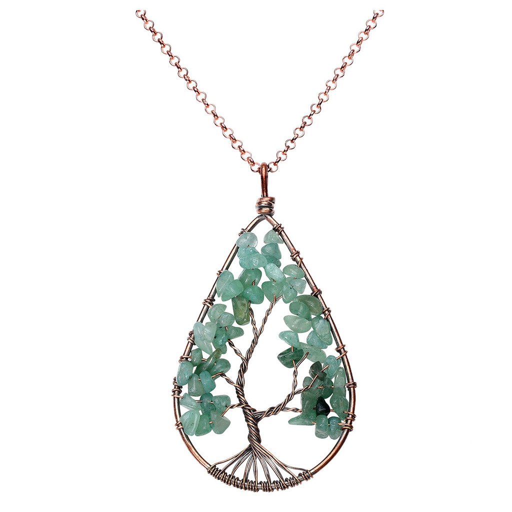 QGEM Bijoux Collier Pendentif Chakra Arbre de Vie en Pierre Naturelle Forme Goutte d\'Eau Porte-bonheur Enérgie Healing(Aventurine vert)