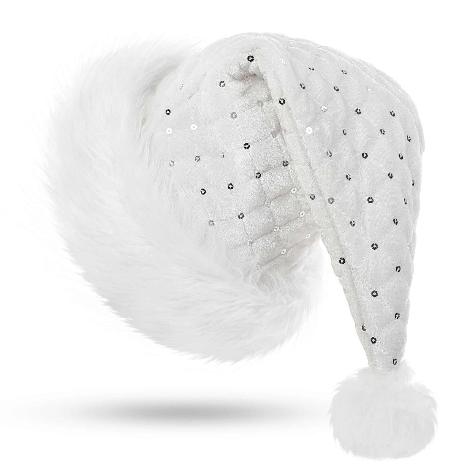 KONVINIT White Santa Hat Large Adult Christmas Hats Plush Xmas Hat with Sequin,Plush Santa Claus Hat for Christmas Party or Costume,white — image 1