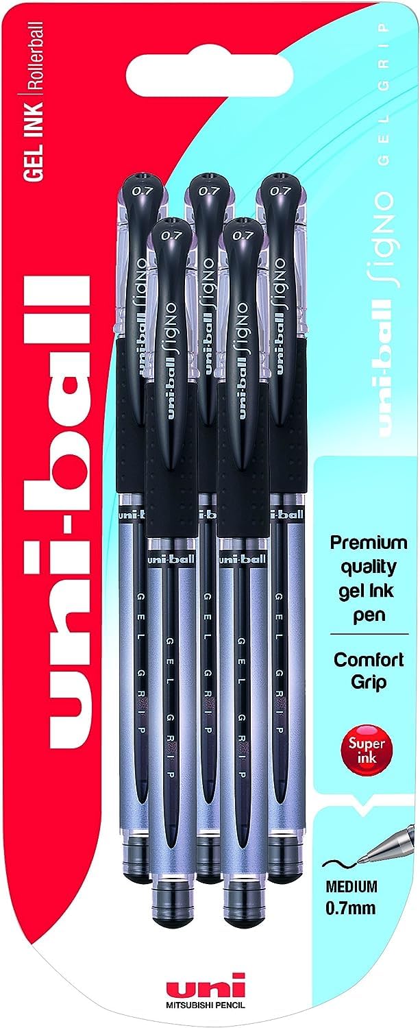 Uni-Ball 153486278 UM-151S Signo Gel Pens with Gel Grip, Black Gel, 0.7mm Stainless Steel Nib (Pack of 5)