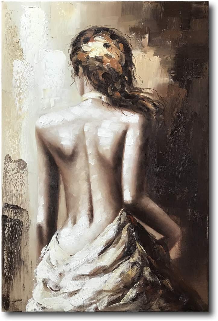 Paintings - Paimuni Bathroom Girl Canvas Wall Art 100% Hand Painted Lady Back Figurative Oil Painting Stretched and Framed Ready to Hang Home Decor 24x36 Inch