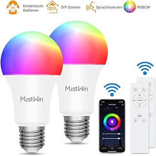 Smart Lampe MustWin 2er Wlan Lampe 9W Alexa Glühbirne 900LM E27 RGB +Warmweiß +Kaltweiß mit 3 Kontrollweise von APP &amp;Sprachsteuerung &amp;IR-Fernbedienung, Kompatibel mit Alexa Google Home zu Weihnachten