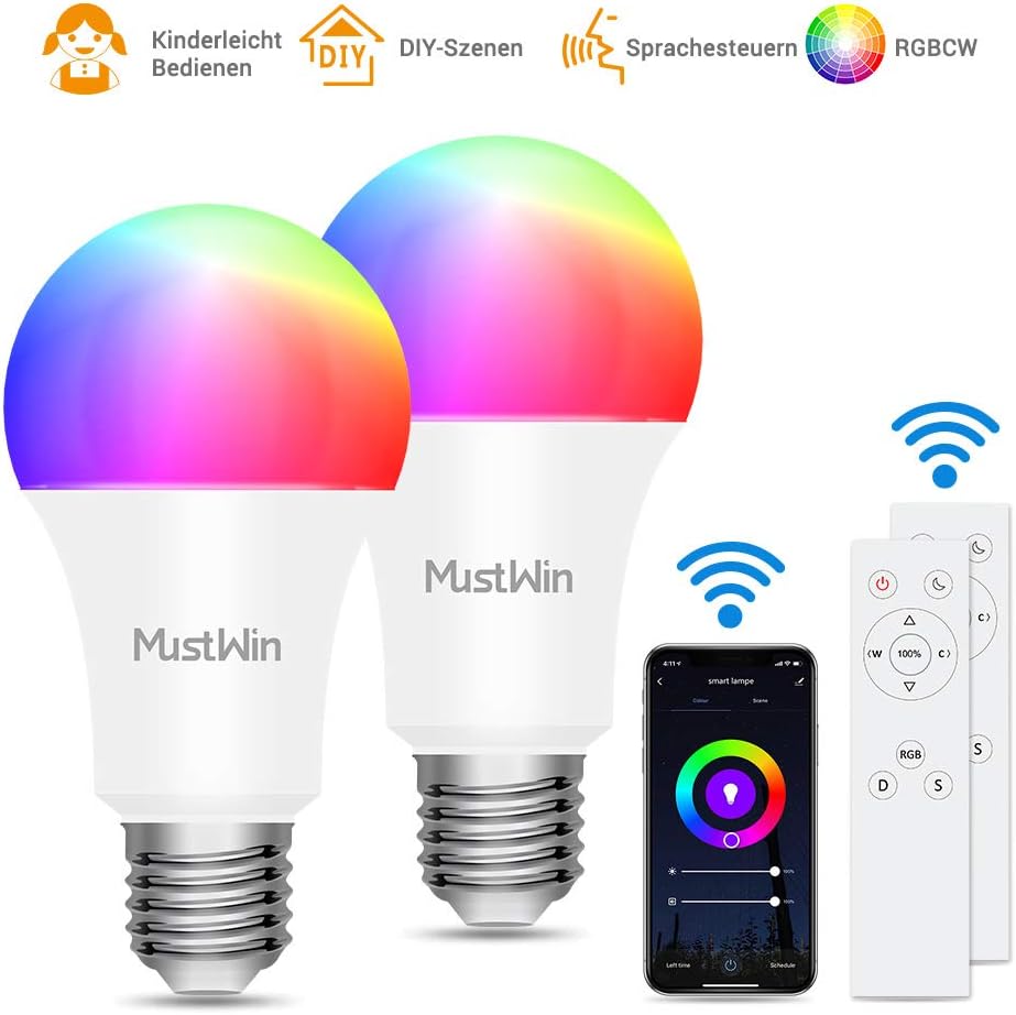Smart Lampe MustWin 2er Wlan Lampe 9W Alexa Glühbirne 900LM E27 RGB +Warmweiß +Kaltweiß mit 3 Kontrollweise von APP &amp;Sprachsteuerung &amp;IR-Fernbedienung, Kompatibel mit Alexa Google Home zu Weihnachten