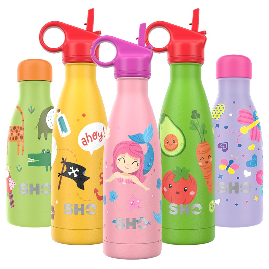 SHO Kids Bottle - Ultimate Insulated, Double Walled Stainless Steel Vacuum Flask & Water Bottle - 12 Hours Hot & 24 Hours Cold - 260ml, 375ml - BPA Free (Mermaid at Heart with Straw Lid, 375ml) — image 1