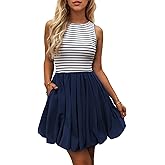Evzeiem Women's Casual Bubble Mini Dress with Pockets Sleeveless Bubble Hem Striped Tank Short Dresses Summer
