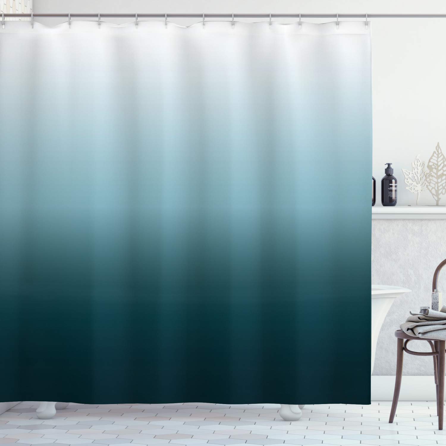ABAKUHAUS Ombre Shower Curtain, Vertical Change Themed Illustration with Teal Shades Darkening Design, Cloth Fabric Bathroom Decor Set with Hooks, 78 Inches, Teal Pale Blue and White