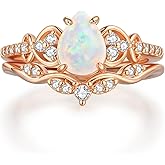 JIANGYUE Pear Shaped Opal Engagement Ring Set Vintage 18K Gold/Rose Gold Stackable Teardrop Rings Wedding Bands with Cubic Zirconia Jewelry