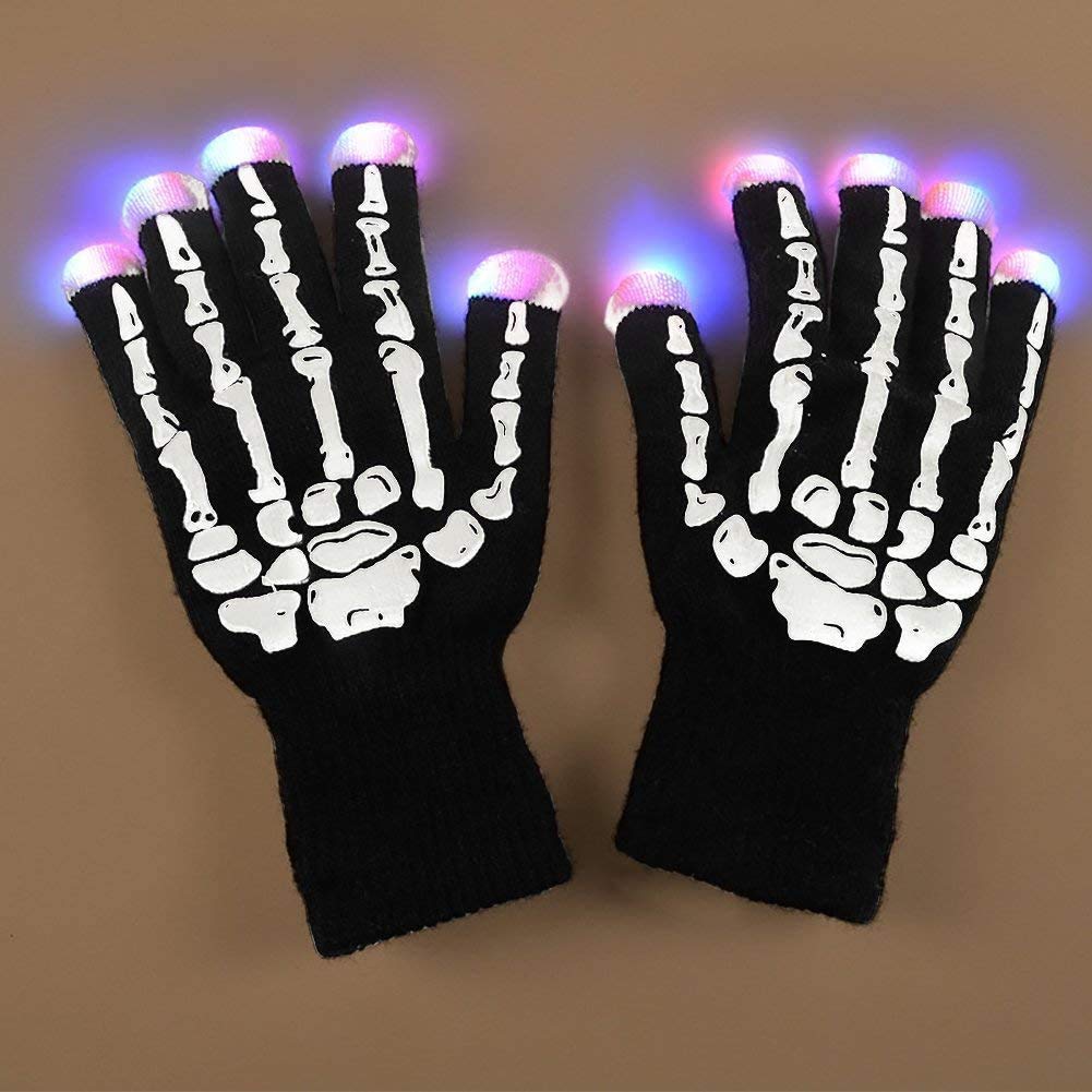 LED Light Up Gloves - Flashing Fingers Skeleton Skull Bone Design for Halloween, Christmas, Festivals, Night Parties - Winter Warm Full Finger Gloves for Adult Teens