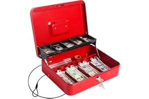 LOVNDI Cash Box with Money Tray and Lock, Large Money Box for Cash, 5 Compartments, 4 Spring-Loaded, Money Safe with Security Cable, Red
