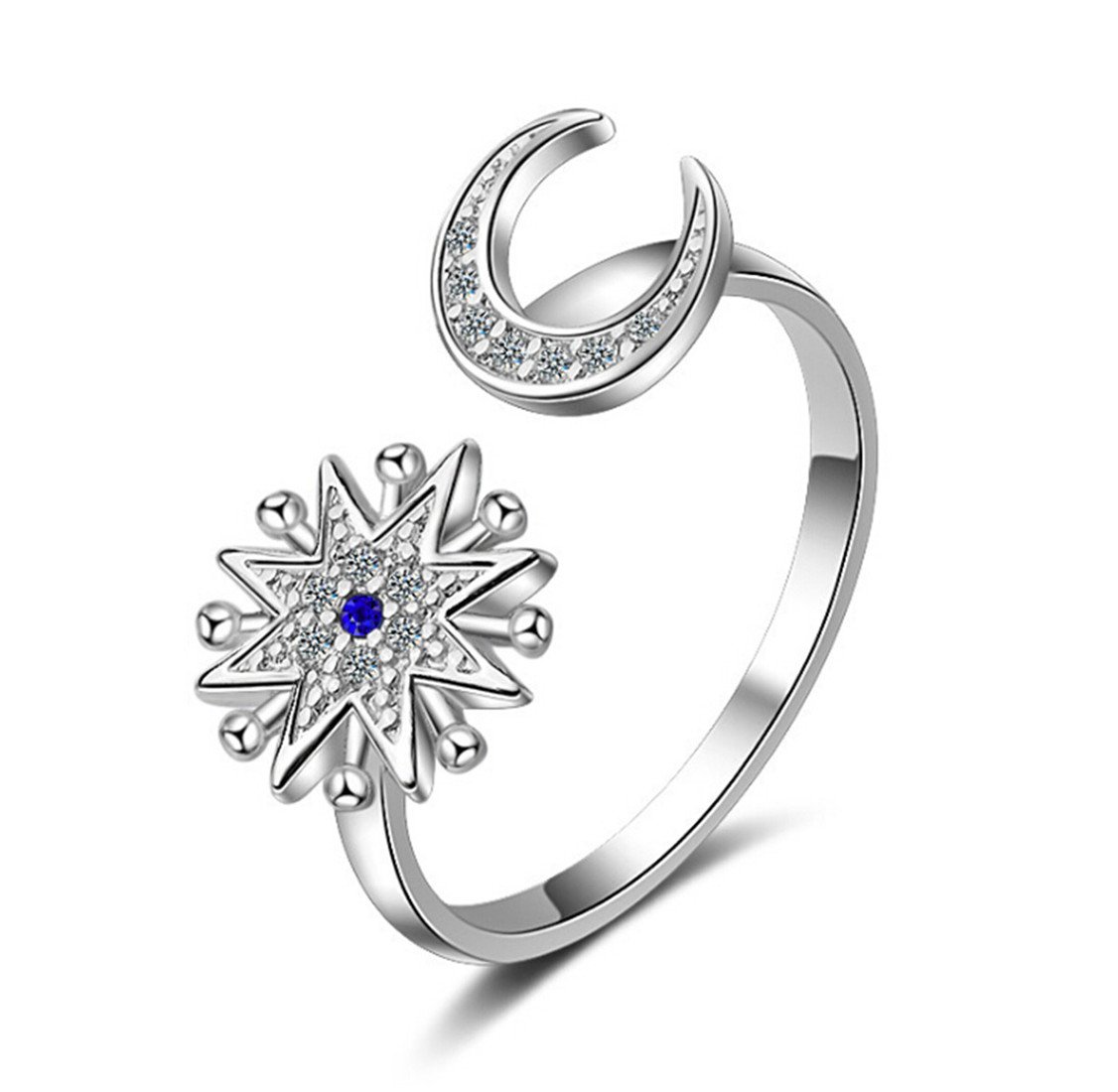 Boowohl Partner Rings Women's Rings 925 Sterling Silver Engagement Rings Open Ring Moon Sapphire 5A Cubic Zirconia Moon and Sun Romantic Love Flowers Stars Silver Rings