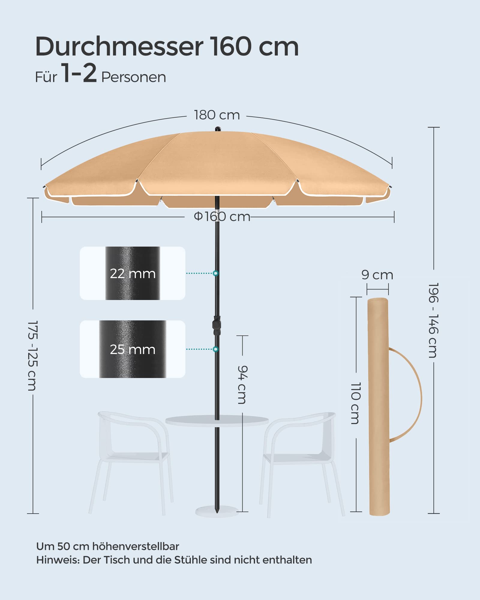 SONGMICS Sonnenschirm, 160 cm, Sonnenschutz UPF 50+, um 30° in 2 Richtungen neigbar, höhenverstellbar, mit Tragetasche, für Balkon, Garten, Terrasse, Strand, ohne Sockel, Taupe GPU60BR 7