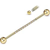 FINE4U Gold Industrial Piercing Jewelry 14G 36mm 38mm 1pc - ASTM F136 Titanium Industrial Barbell, Industrial Earrings, Cartilage Body Piercing Jewelry with CZ