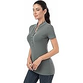 AmélieBoutik Women Short Sleeve Fitted Button Up Deep V Neck Collarless Polo Shirts