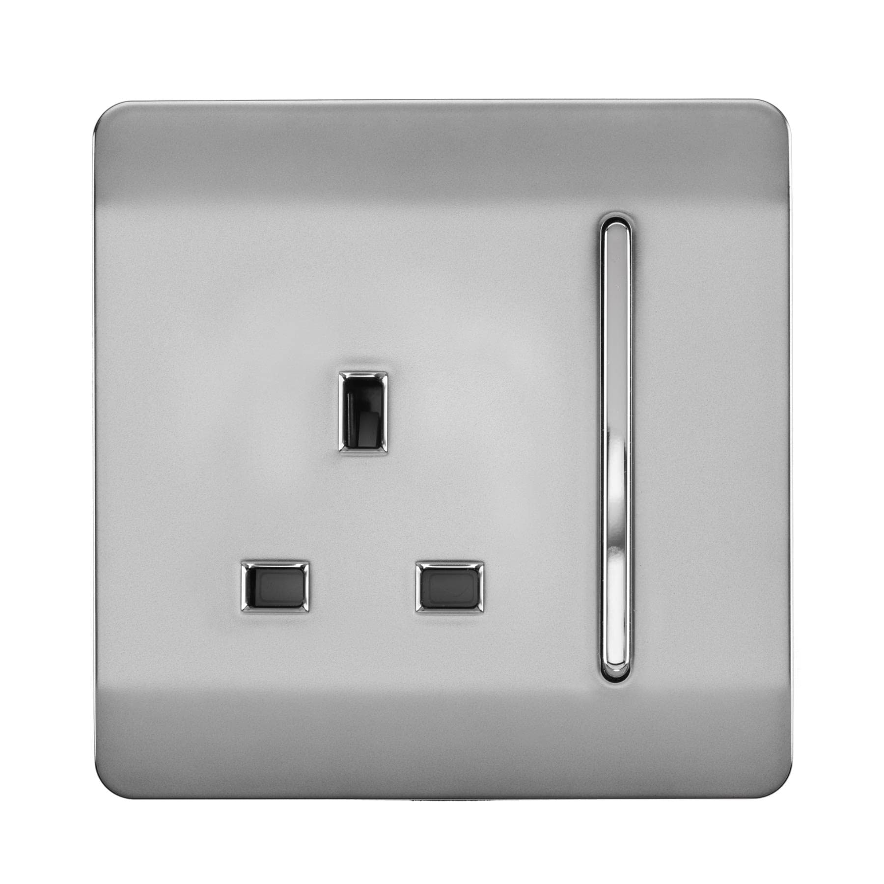 Trendi 1 Gang Raised Artistic Modern Glossy Screwless 13 Amp Single Pole with Chrome Switched UK Standard Electrical Double Wall Plug Socket in Brushed Steel - ART-SKT13BS