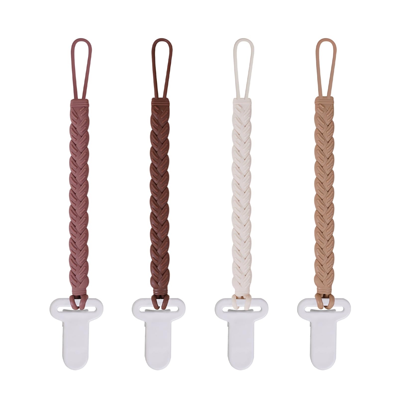 Photo 1 of Silicone Teething Pacifier Clip Holder,Pack of 4 Flexible Paci Leash,Binky Clips for 0-6,6-12 Months Baby Boys and Girls,Newborn Essential,Woven Shape (Brown)