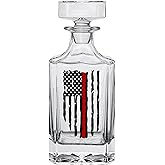 Rogue River Tactical Thin Red Line Tattered Worn American Flag USA Whiskey Decanter With Airtight Glass Stopper Custom Gift For Firefighter Fire Department FD