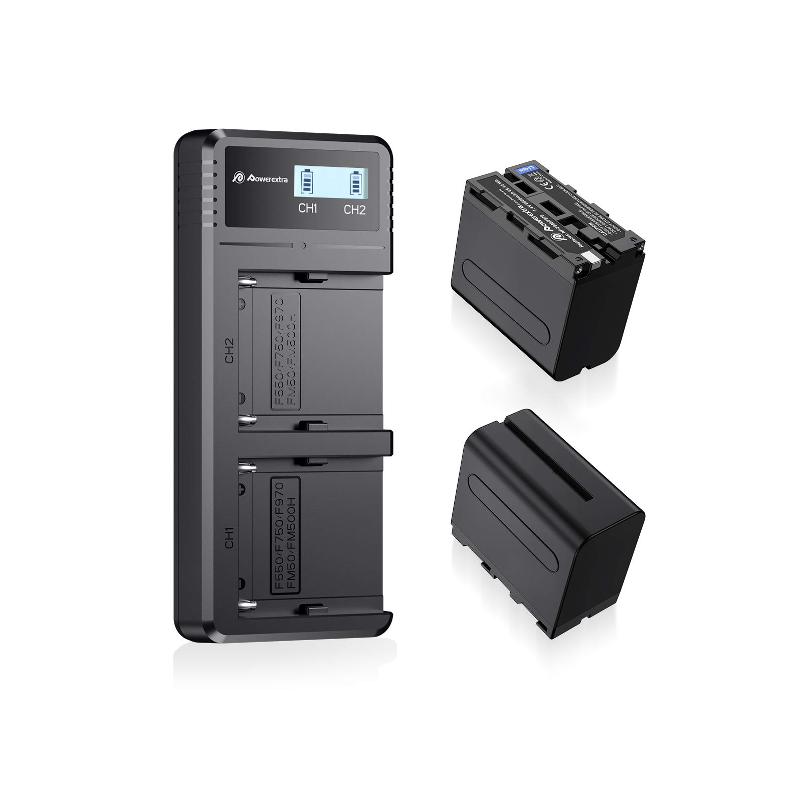 NP-F970,NP-F960,NP-F930,NP-F950,NP-F550,Powerextra 2 X 8800mAh Replacement Battery and Dual LCD Battery Charger Compatible with Sony Battery DCR-VX2100,DSR-PD150,DSR-PD170,HDR-AX2000,HDR-FX1,HDR-FX7