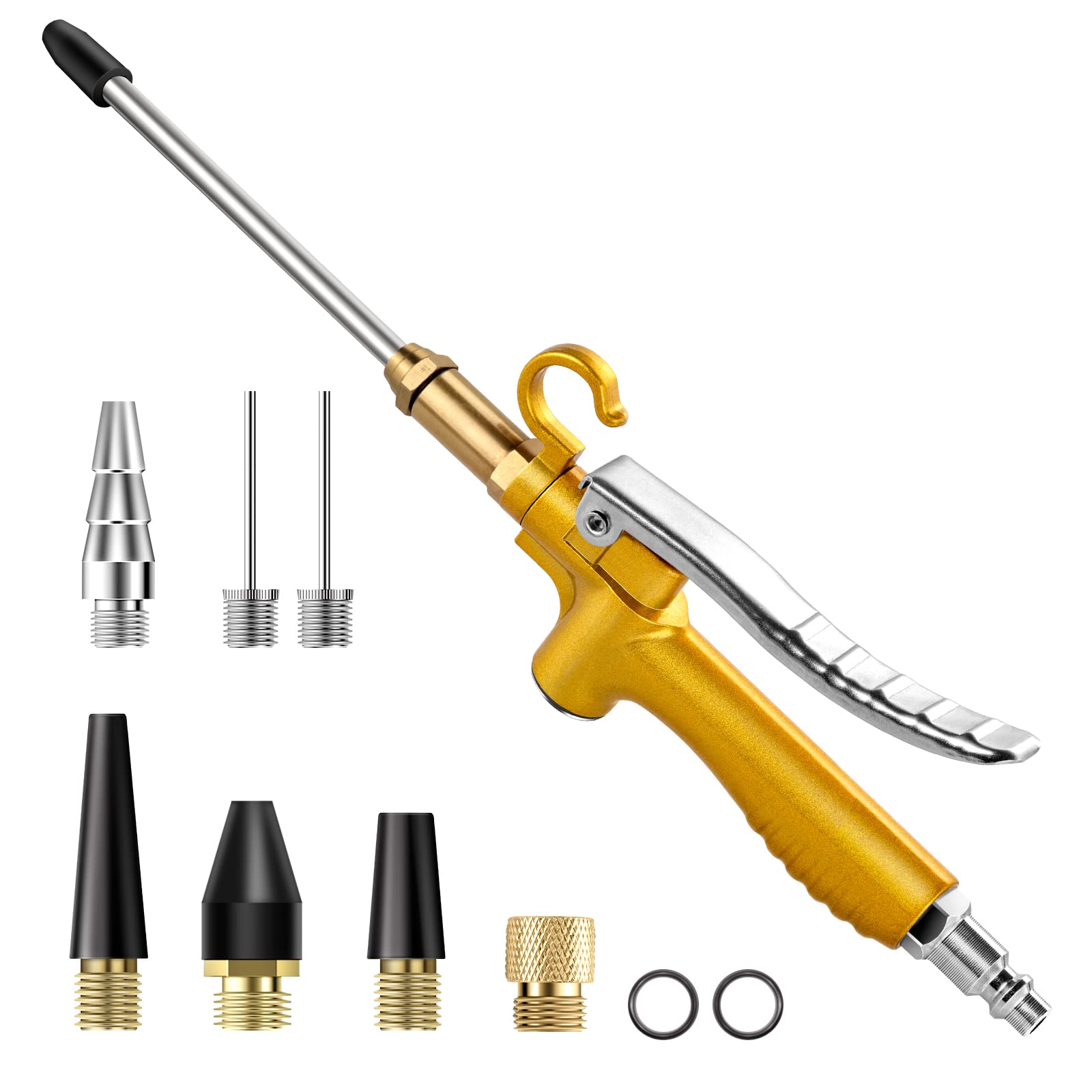 Photo 1 of 11 Pcs Industrial Air Blow Gun Set with 4.8'' Air Flow Extension, Gold Paint Metal Air Nozzle Kit with 1/4 Inches Standard Quick Fitting, Professional Air Blow Nozzle for Air Compressor Accessories