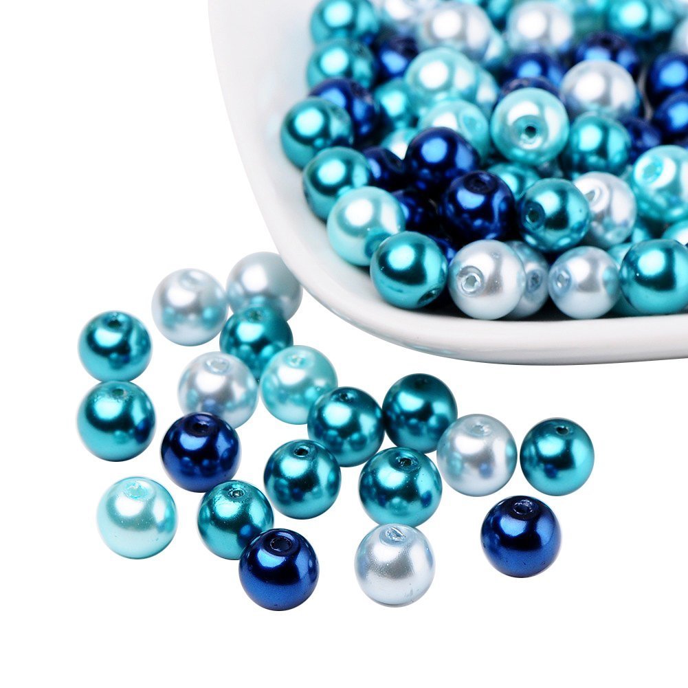 PH PandaHall 100pcs 8mm Glass Pearl Beads, Blue Sew on Pearls Round Pearlized Loose Pearl Beads Imitation Pearls for Vases Bracelet Earring Necklace Jewellery Making Wedding DIY Craft