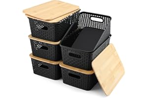 AREYZIN Storage Bins with Bamboo Lids Set of 6 Lidded Storage Container Plastic Baskets Organizer Bins for Organizing Kithen Room Bedroom Office Closet, Sturdy(Black)