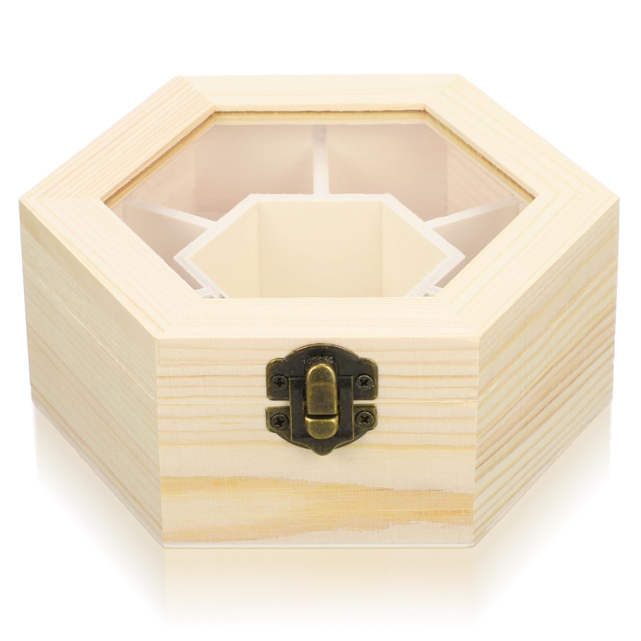 MILISTEN Craft Organizer Box Unfinished Wooden Jewelry Box Hexagon Jewelry Organizer Trinket Treasure Storage with 7 Compartments for Bracelet Necklace Clear Ring