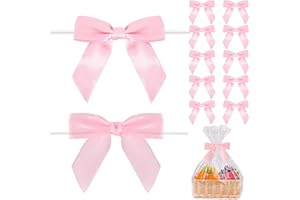 50pcs Hot Pink Satin Bows for Gift Wrapping Small Bows with Twist Ties Premade Ribbon Bow for Crafts Cake Pop Treat Bags Wedd