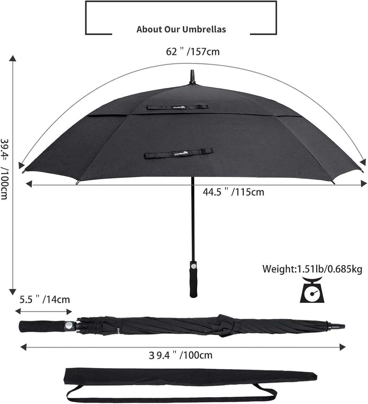 ZOMAKE Windproof Golf Umbrella, 62 inch Large Umbrella for Rain Double Canopy Automatic Open Vented Stick Umbrellas : Clothing