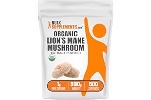 BulkSupplements.com Organic Lion's Mane Mushroom Extract Powder - Mushroom Supplement, Brain Supplement for Memory and Focus Support - Vegan, 1g per Serving, 500g (1.1 lbs) (Pack of 1)