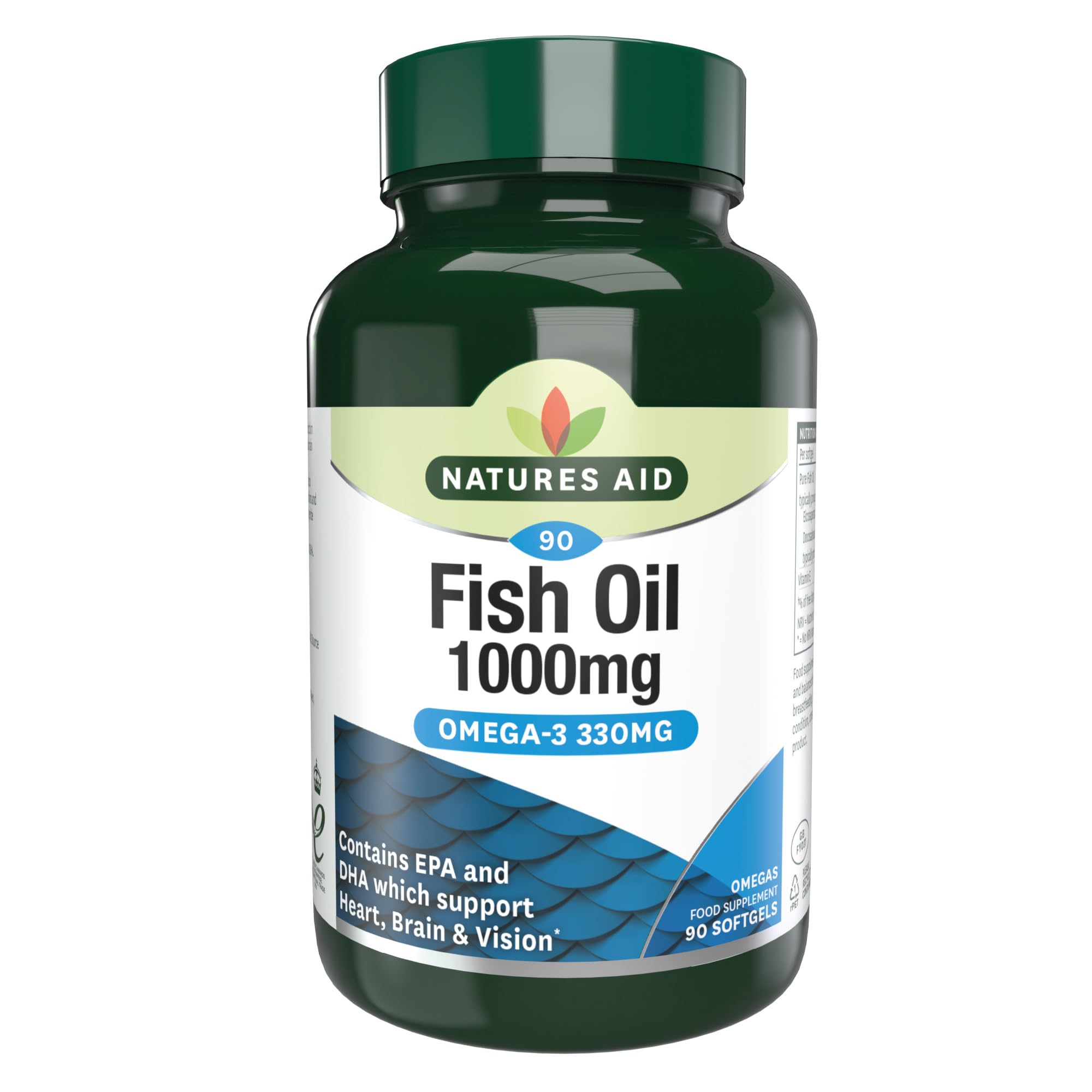 Natures Aid Fish Oil 1000mg – High Strength Omega-3 Supplement with DHA & EPA – Supports Heart, Brain Vision, Immune & Joint Health Non-GMO – High Strength Natural Fish Oil – 90 Softgel Capsules