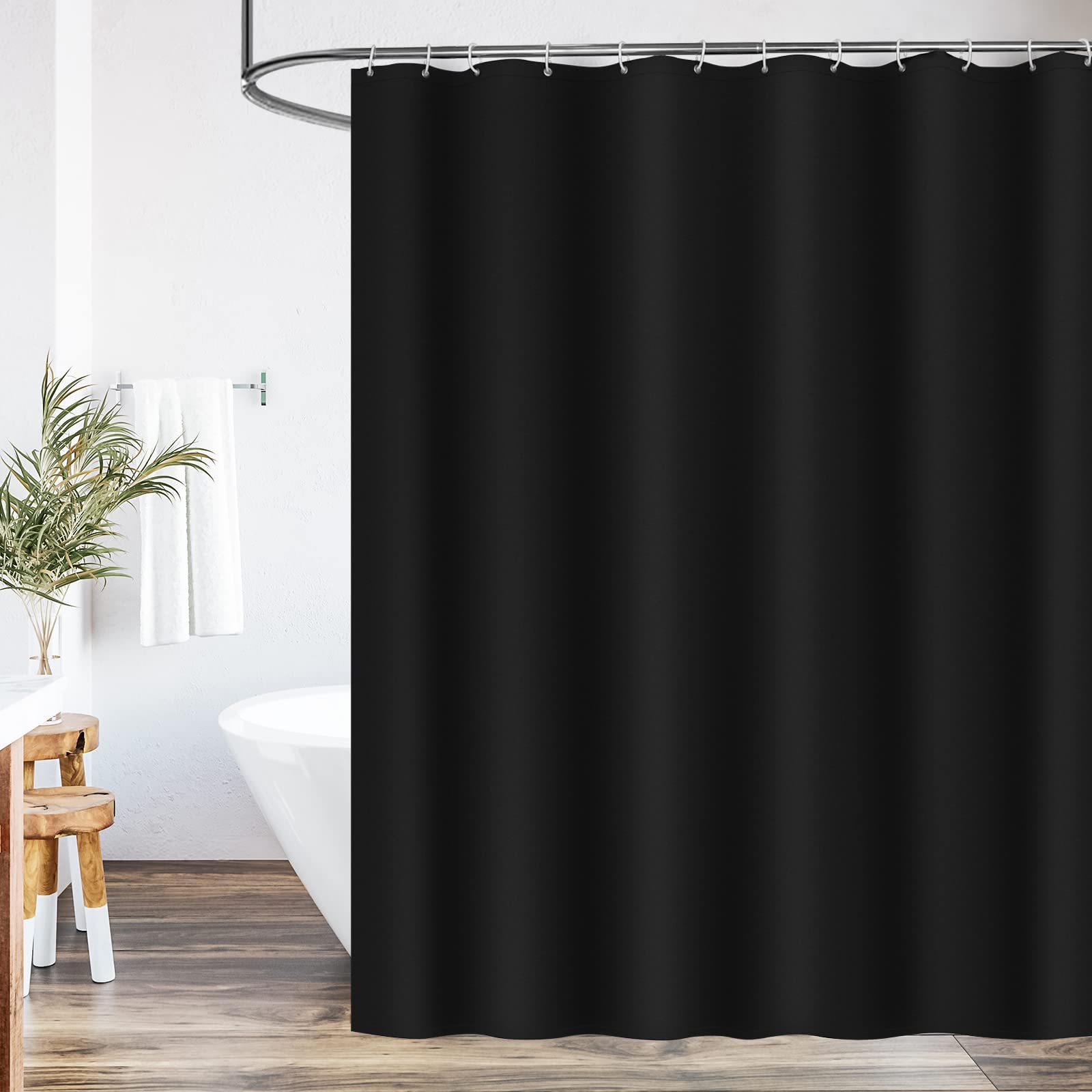 WELTRXE Shower Curtain Mould Proof Mildew Resistant, 180x180cm Black Bathroom Curtain Set With Hooks, Weighted Hem, Waterproof Solid Polyester Fabric Bathtub Curtains for Hotel Bath Tub Shower Stall