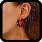 Allereyae Boho Red Enamel Hoop Earrings Large Chunky Hoop Earrings Wide Huggie Stud Hollow Circle Big Thick Circle Stud Jewelry for Women(Red1)