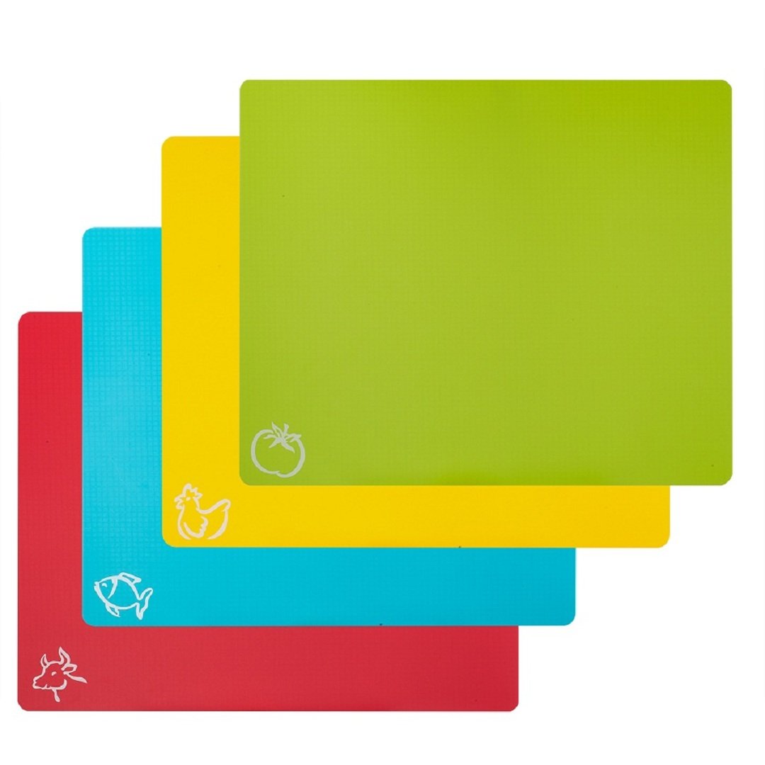 STGA Flexible Board Grade Plastic Kitchen Cutting Mat with Food Icons, Set of 4, 15''×12'', Multicolor