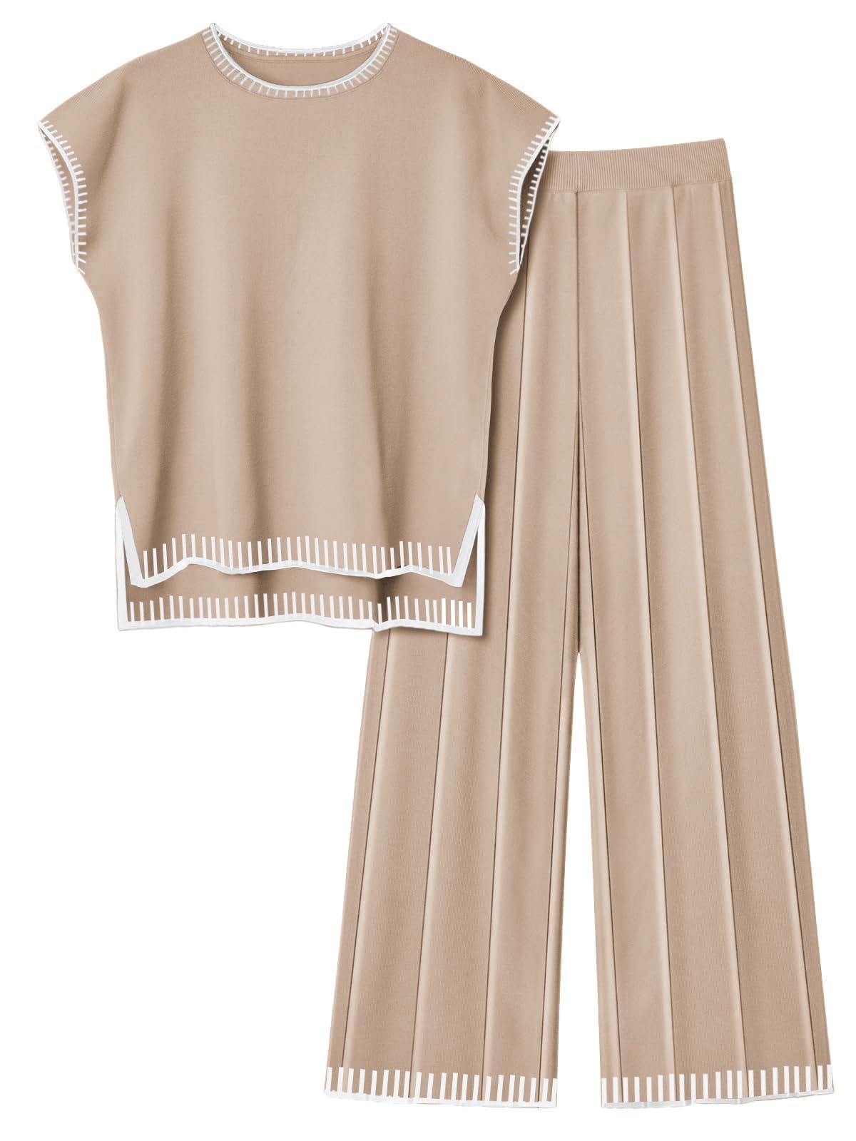 Photo 1 of (USED/FAIR) (BAGGED) (MED/LARGE) Ekouaer Womens Matching Sets Knit Sweater Sets 2 Pieces Outfits Pullover Tops Wide Legs Pants Lounge Set Khaki
