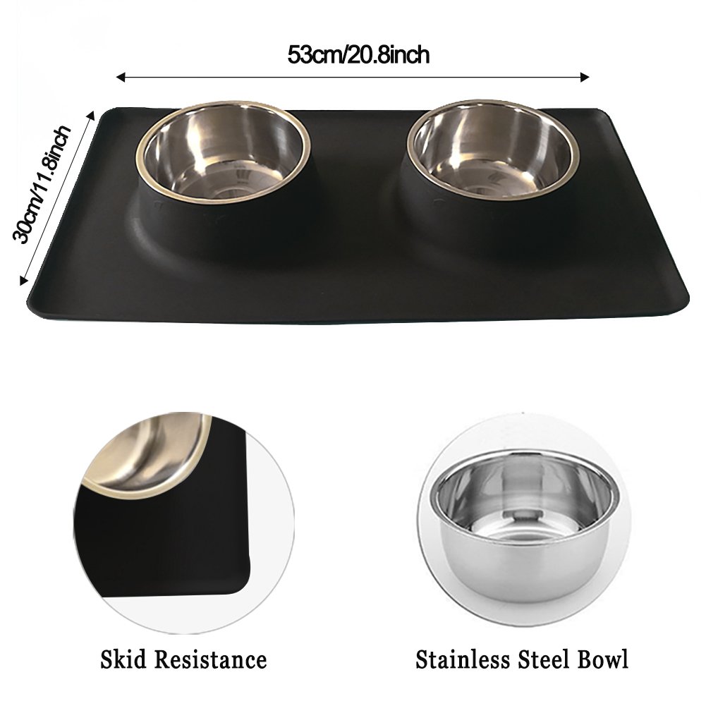 Home of Boutique Dog Bowls, Stainless Steel Pet Food Bowl, Cat Water Bowls with No-Spill Anti-Slip Silicone Mat for Large or Medium Dogs or Cats, Set of 2 Bowls (L, Black)