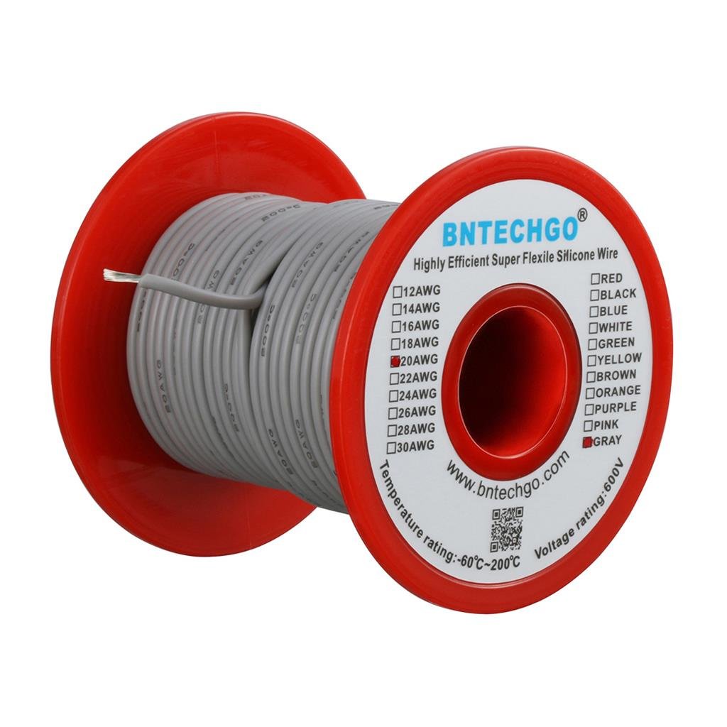 BNTECHGO 20 Gauge Silicone Wire Spool Gray 100 ft Ultra Flexible High Temp 200 deg C 600V 20 AWG Silicone Rubber Wire 100 Strands of Tinned Copper Wire Stranded Wire for Model Low Impedance — image 1