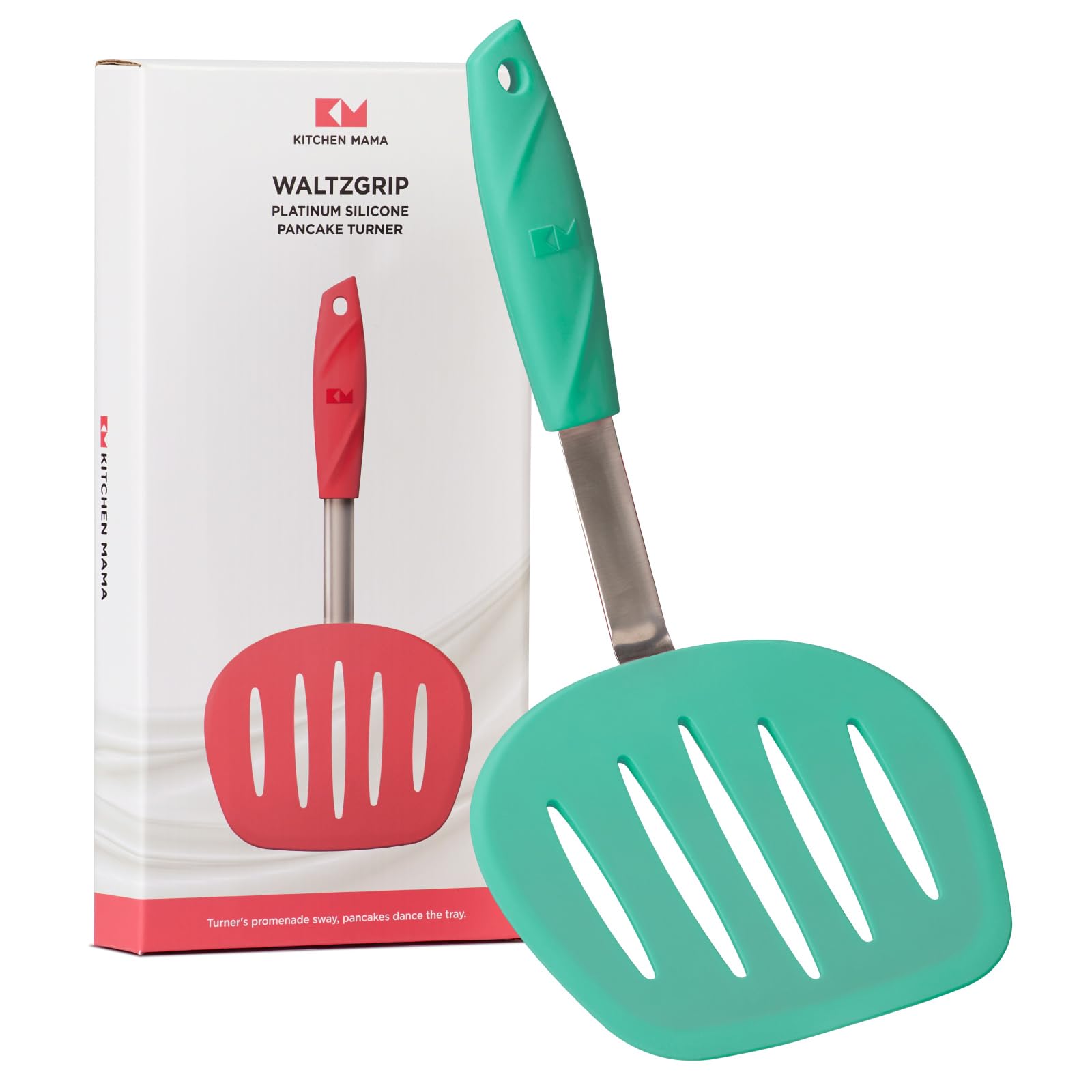 Kitchen Mama WALTZGRIP Platinum Silicone Pancake Spatula Turner: Heat-Resistant, Wide Slotted Tapered Head Stainless Steel Core. Durable, Dishwasher-Safe, Flipping Cooking Needs, Wok Use (Teal)