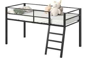 Lutown-Teen Low Loft Bed Twin Size, Junior Metal Twin Loft Bed with Stairs and Safety Guard, Noise Free for Small Bedroom, Black