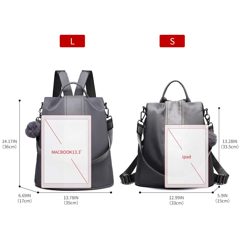 Women Backpack Purse Waterproof Nylon Anti-theft Rucksack Lightweight Shoulder Bag (Gray)
