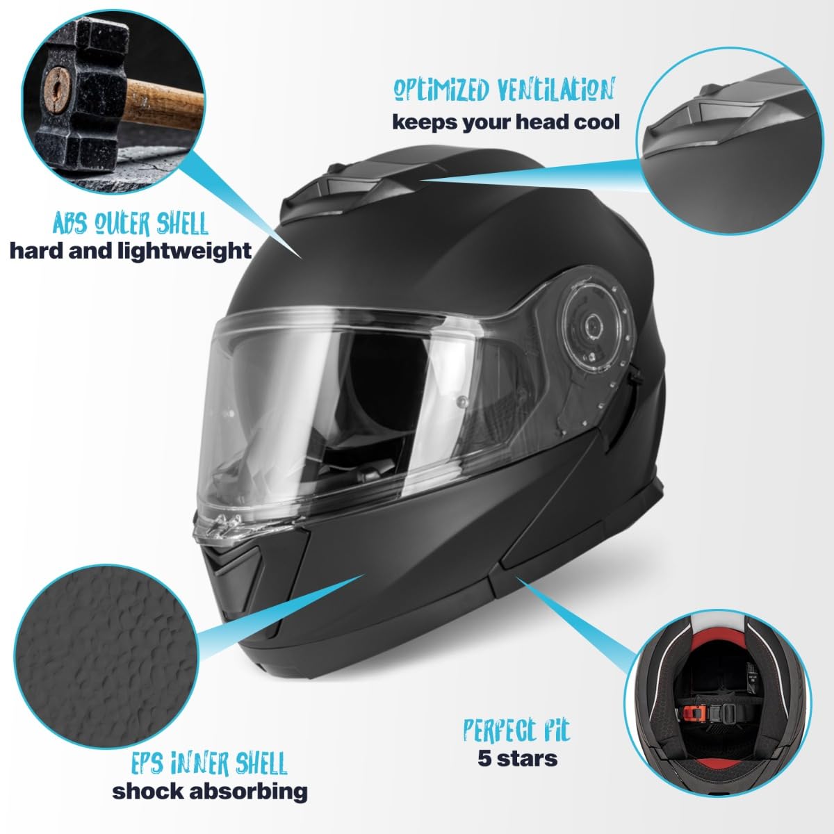VINZ Santos Klapphelm mit Sonnenblende | ECE 22.06 & PINLOCK vorbereitet | Motorrad Helm Integralhelm | Motorradhelm Klappbar | In Gr. XS-XXL - Matt Schwarz 4