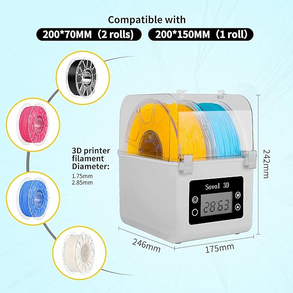 SOVOL FILAMENT DRYER 2025, SH01 FILAMENT DEHYDRATOR 3D PRINTER SPOOL HOLDER WITH UPGRADED FAN, DRY BOX FOR KEEPING FILAMENT DRY, COMPATIBLE WITH 1.75MM, 2.85MM PLA PETG TPU ABS